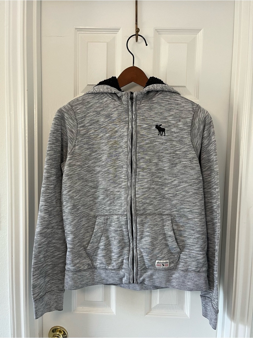 Y2K Abercrombie & Fitch kids logo embroidered zip up hoodie sherpa lined